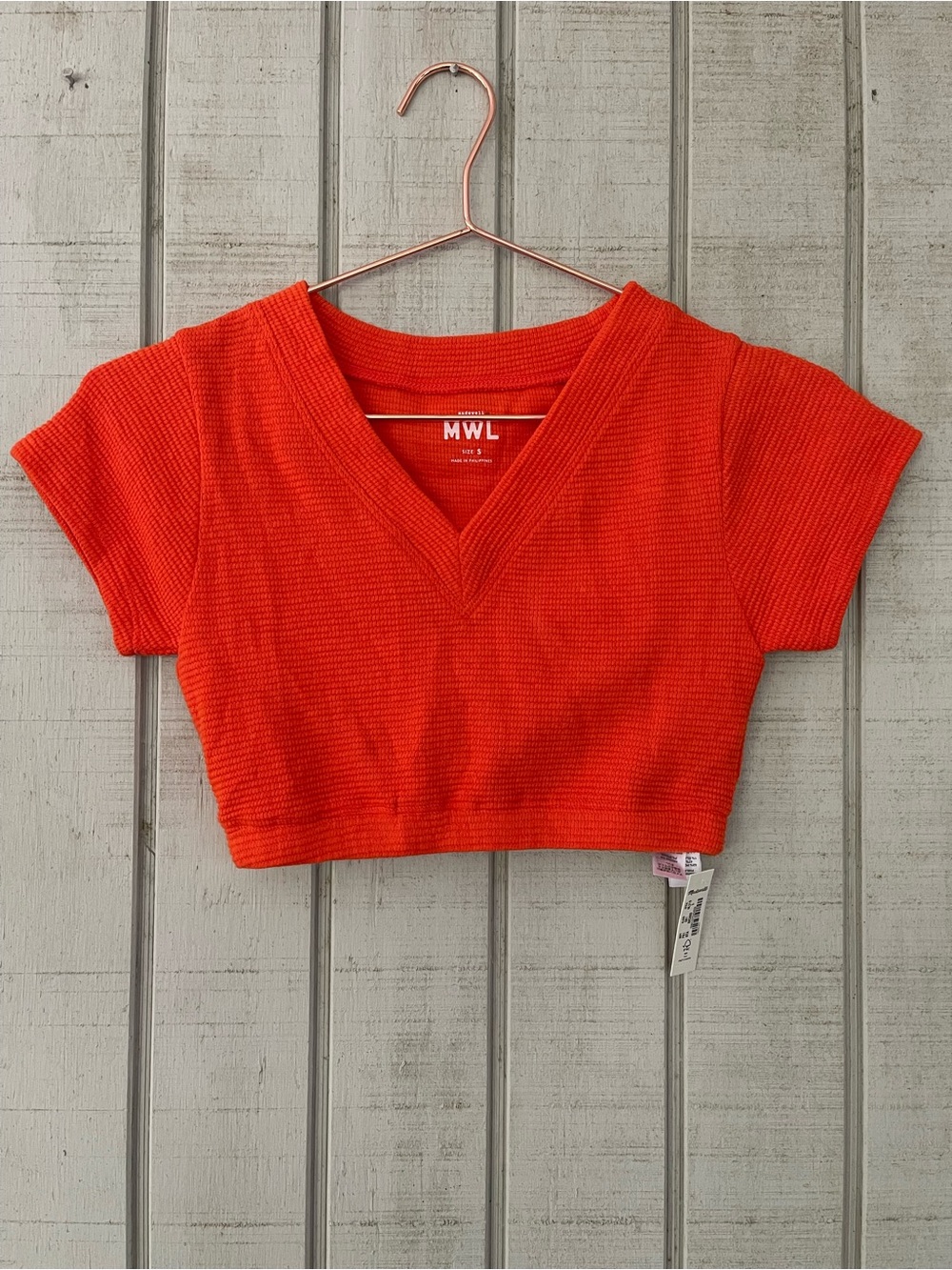 Madewell MWL Orange Waffle Knit V Neck Crop Tee Small NWT